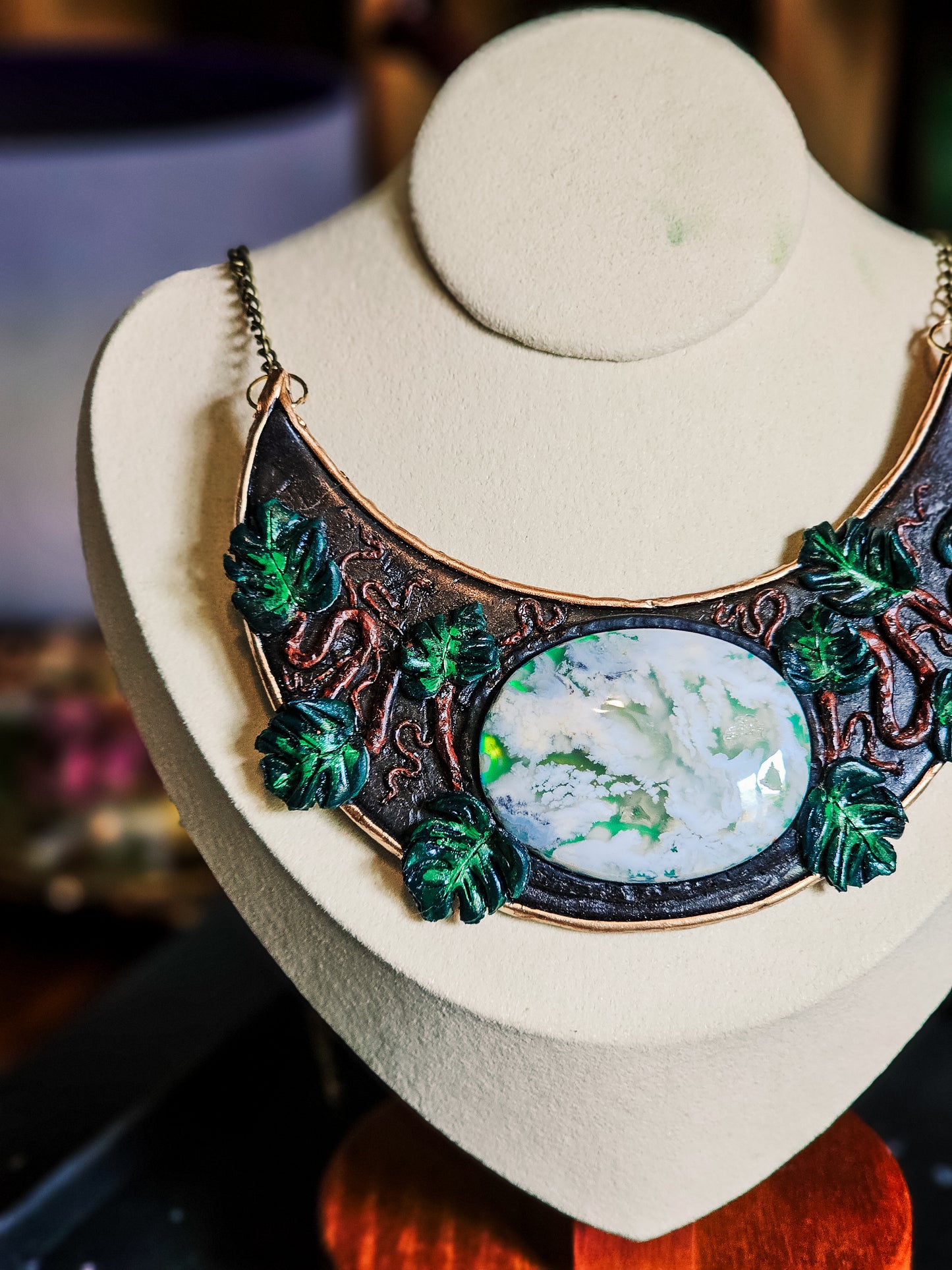 Plume Agate Monstera Crescent Necklace