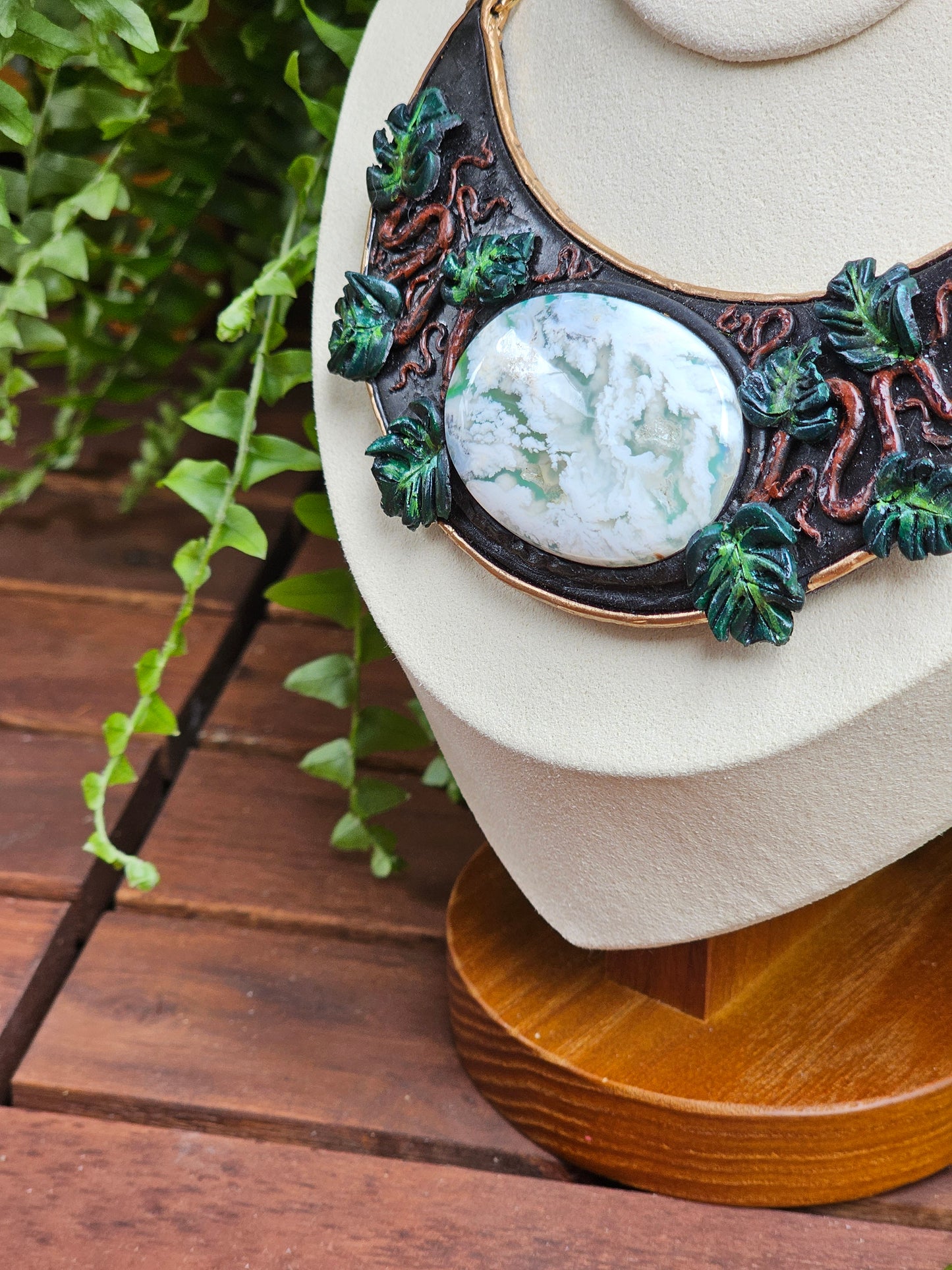 Plume Agate Monstera Crescent Necklace