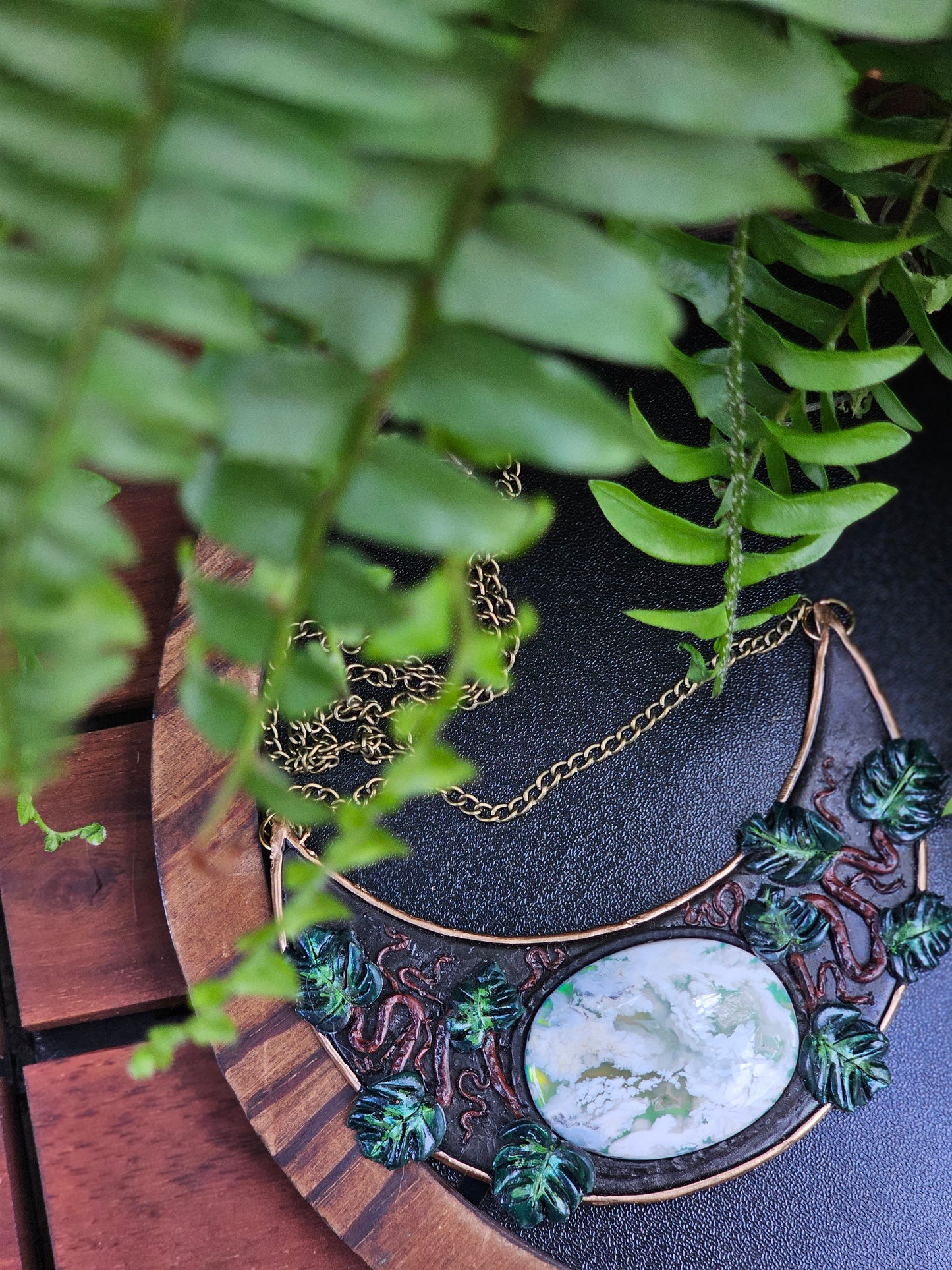 Plume Agate Monstera Crescent Necklace