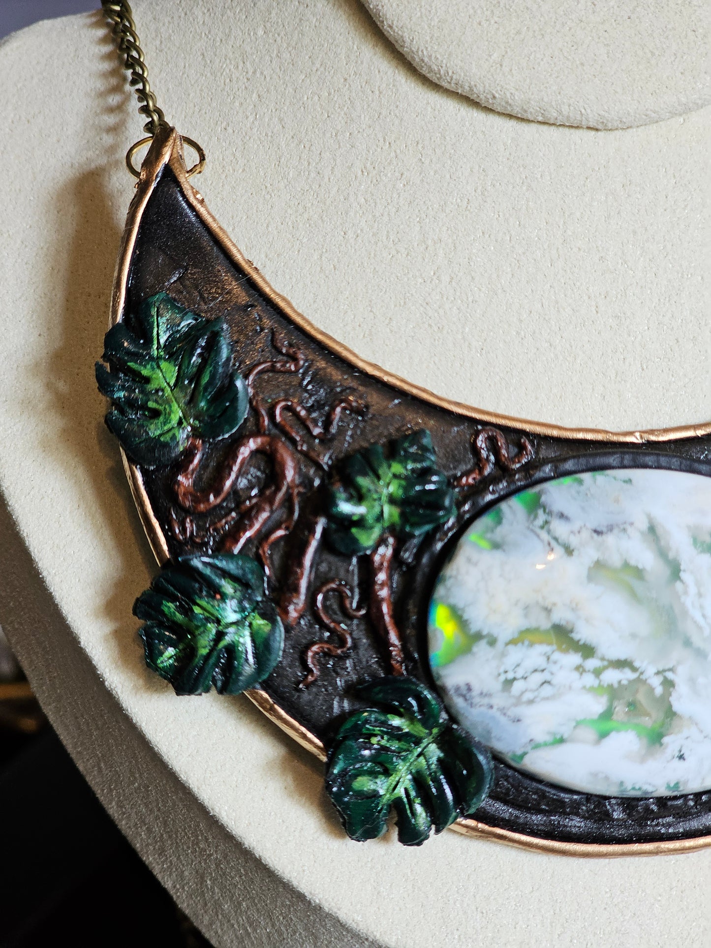 Plume Agate Monstera Crescent Necklace