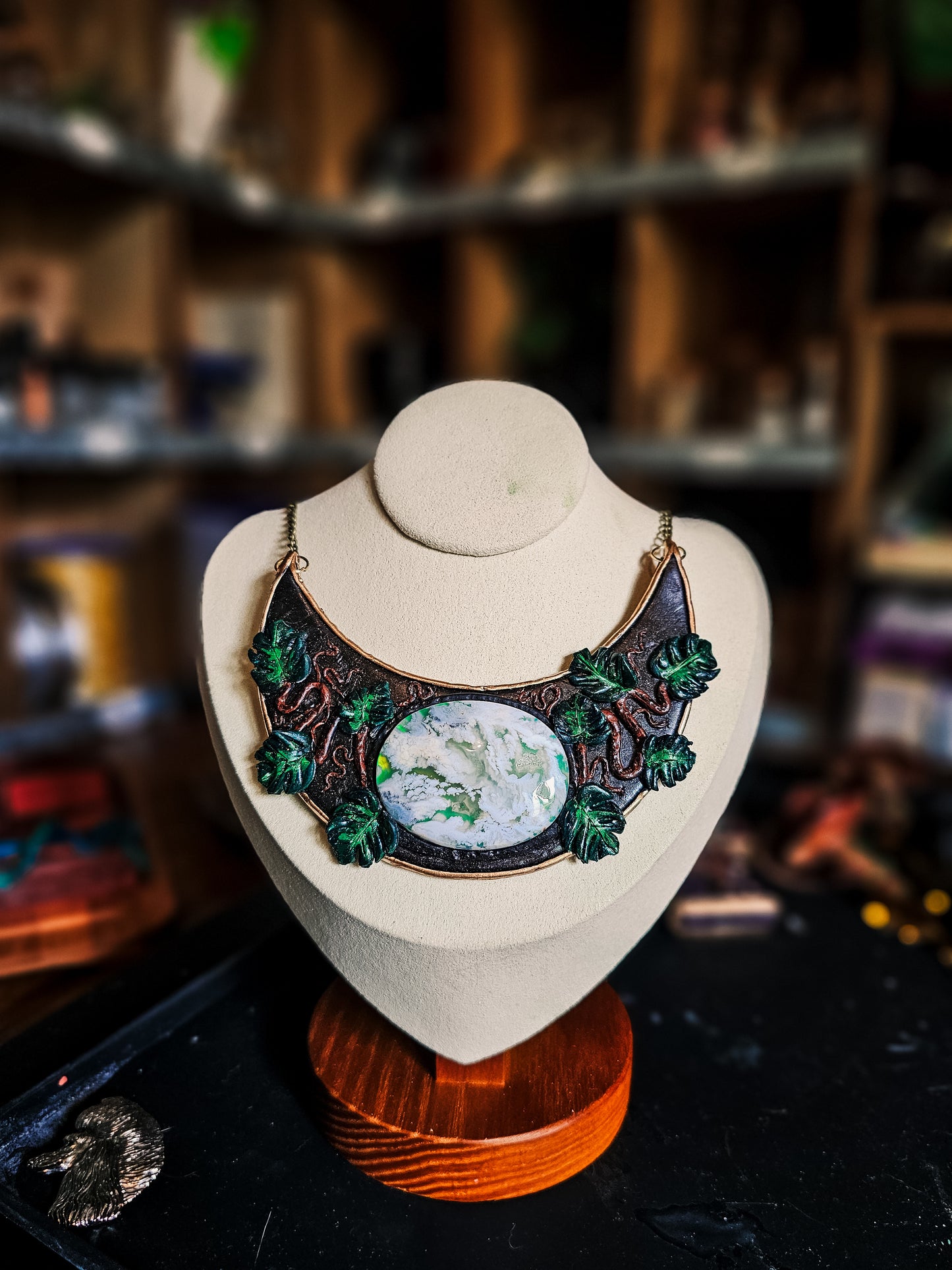Plume Agate Monstera Crescent Necklace