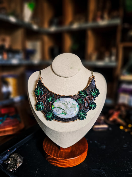Plume Agate Monstera Crescent Necklace